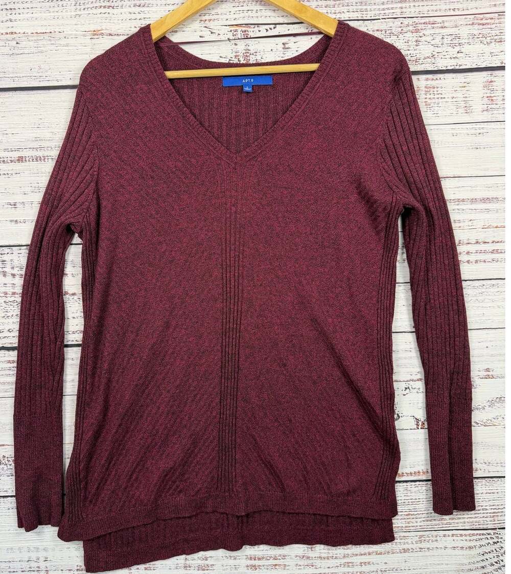Apt. 9 Womens Metallic V-Neck Sweater L Burgundy Ribbed Tunic High Low Hem